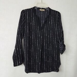 Timeson‎ Womens Medium Black White Dotted Stripe V-Neck Roll Tab Sleeve Blouse